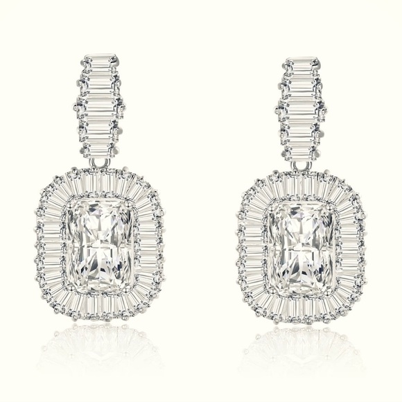 NEW White Gold-Plated Stacked Diamond Simulant Emerald Baguette Drop Earrings - Picture 6 of 14